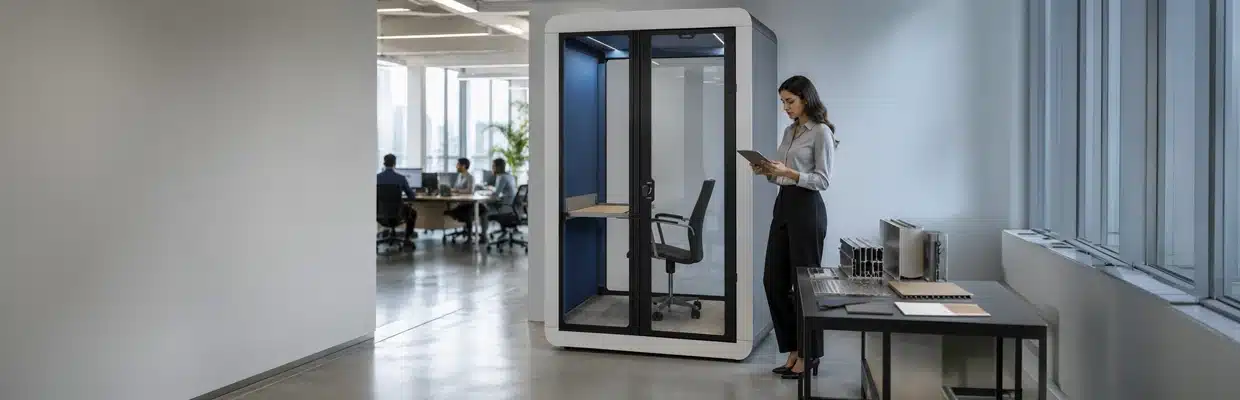 Cabine acústica Silent Box em escritório com estrutura profissional